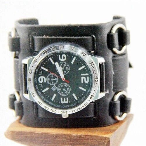 Black Wide Leather Punk Style Watch β Men's Three Strap Cuff Wristwatch Retro Gothic Fashion