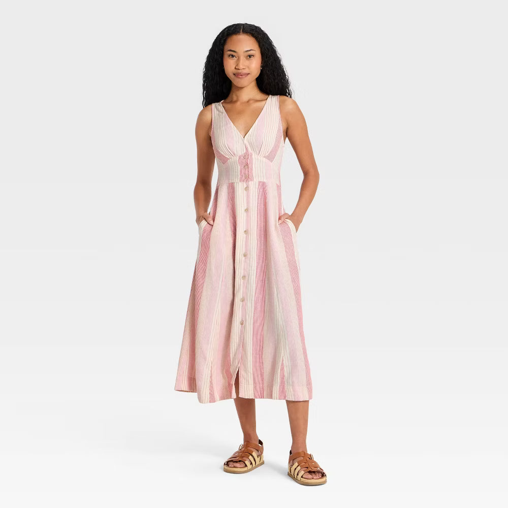 Women's Woven Button-Front Midi Sundress – Universal Thread Sleeveless Casual Summer Dress