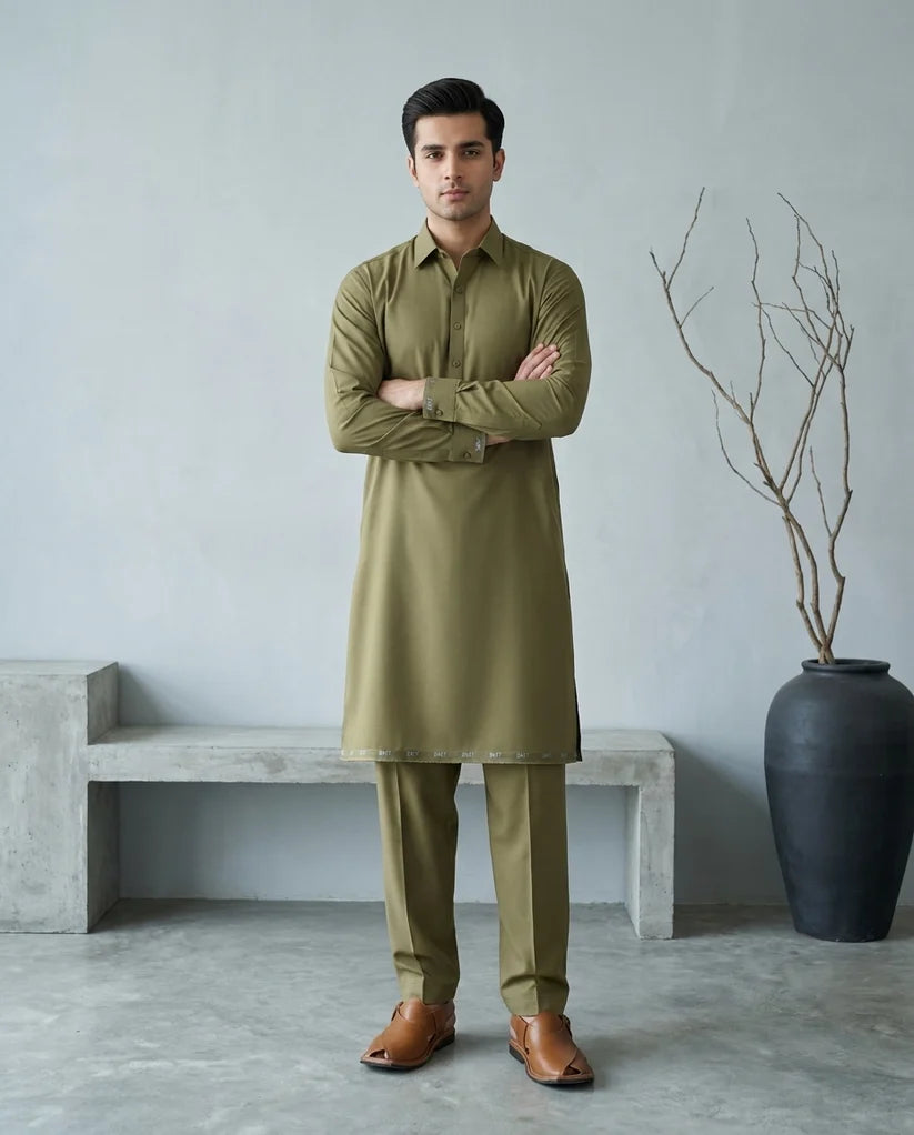 Divine Wash & Wear Olive Green Unstitched Fabric for Men