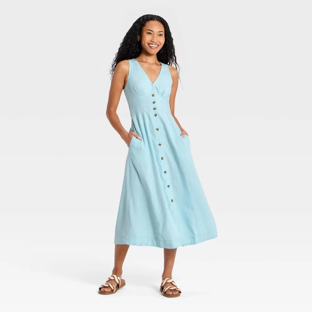 Women's Woven Button-Front Midi Sundress – Universal Thread Sleeveless Casual Summer Dress