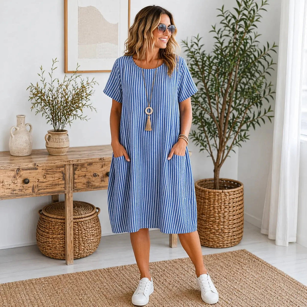 Ladies Italian Lagenlook Lightweight Cotton Stripe Tunic Summer Dress Loose Casual Boho Midi Dress