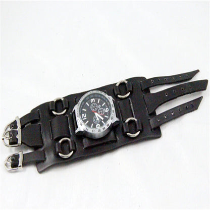 Black Wide Leather Punk Style Watch – Men's Three Strap Cuff Wristwatch Retro Gothic Fashion