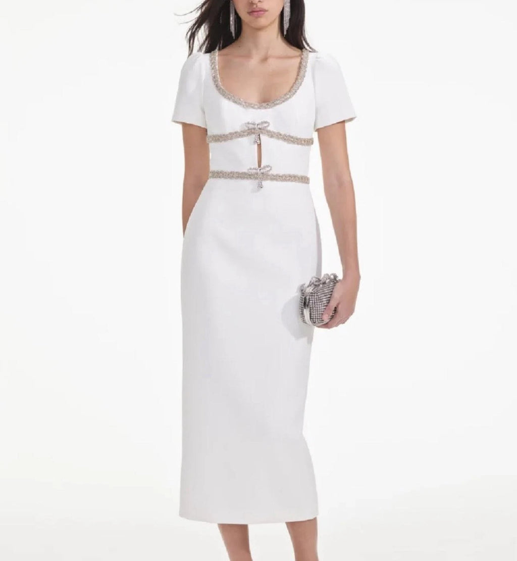 NWT Self-Portrait Diamante Bow Trim Midi Dress US 12 Elegant Designer Party Cocktail Evening Dress
