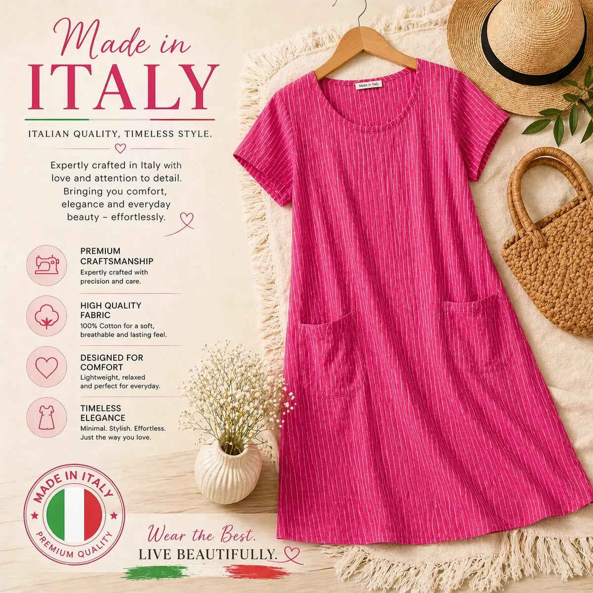 Ladies Italian Lagenlook Lightweight Cotton Stripe Tunic Summer Dress Loose Casual Boho Midi Dress