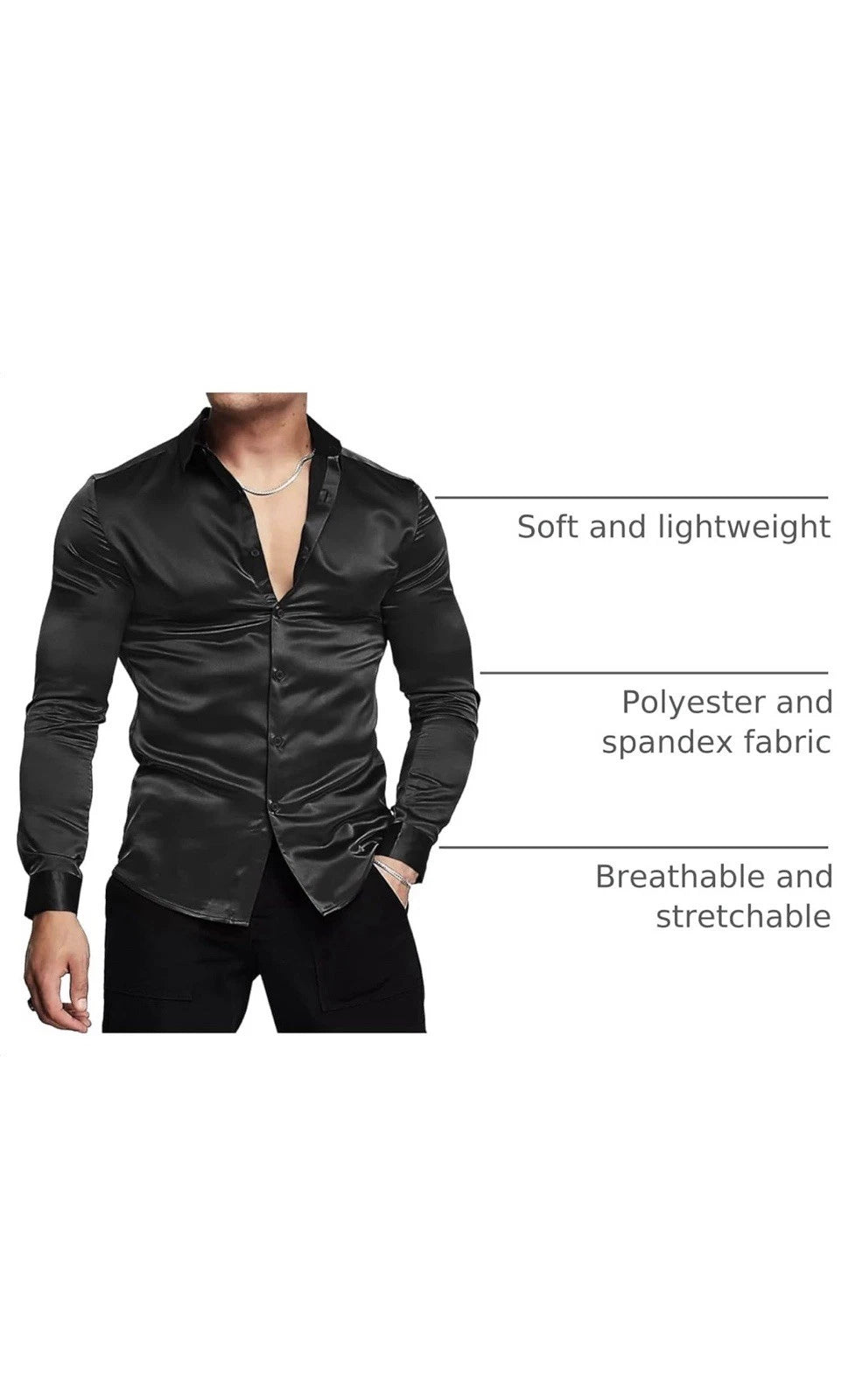URRU Men's Luxury Silk-Like Satin Dress Shirt | Long Sleeve Muscle Fit Button-Up