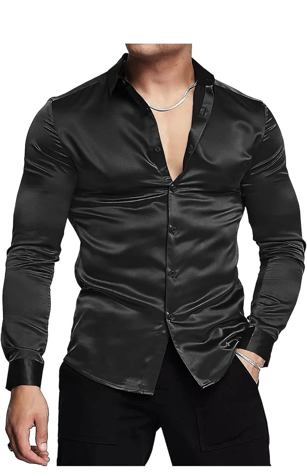 URRU Men's Luxury Silk-Like Satin Dress Shirt | Long Sleeve Muscle Fit Button-Up
