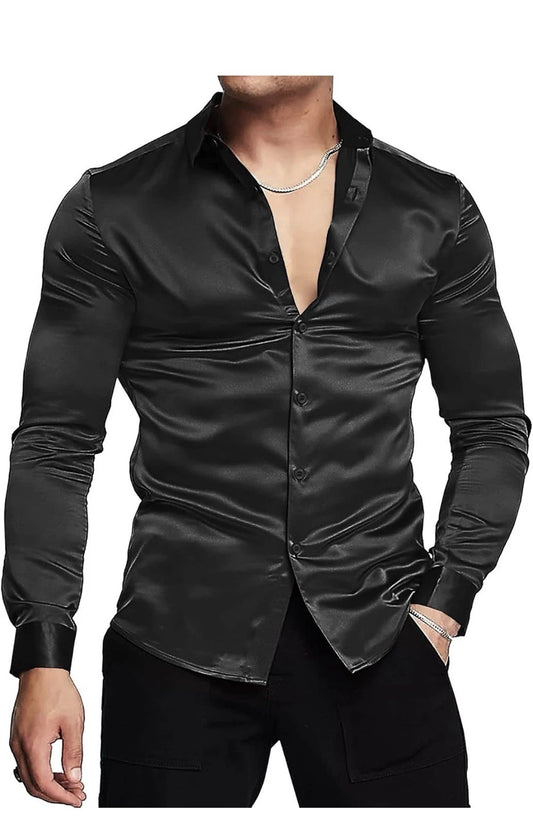 URRU Men's Luxury Silk-Like Satin Dress Shirt | Long Sleeve Muscle Fit Button-Up