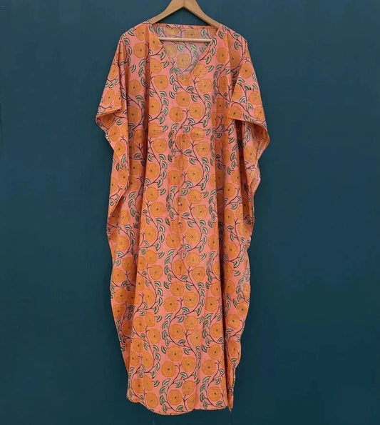 Indian Vintage 100% Cotton Long Beach Maxi Kaftan Dress One Size Boho Caftan Kimono Cover Up for Women