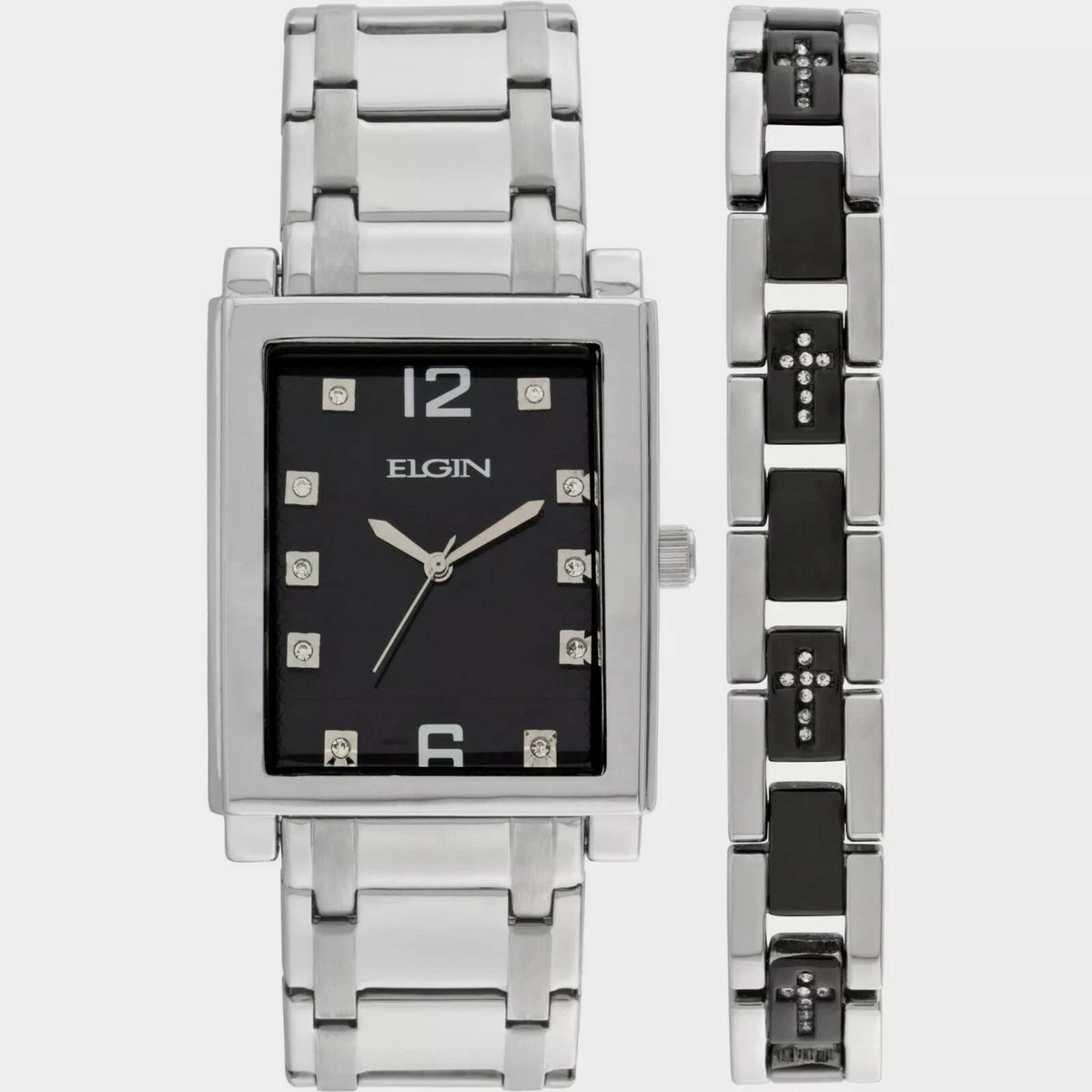 Elgin Men's Silver-Tone Crystal Watch with Black Dial & Cross Bracelet Set | Luxury Quartz Dress Watch Gift Set