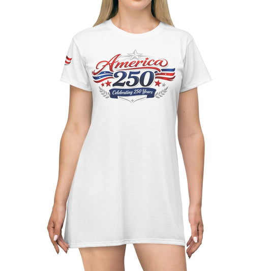 America 250 Celebrating 250 Years T-Shirt Dress – Patriotic USA Independence Day Casual Dress for Women
