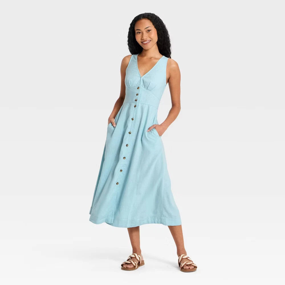 Women's Woven Button-Front Midi Sundress – Universal Thread Sleeveless Casual Summer Dress