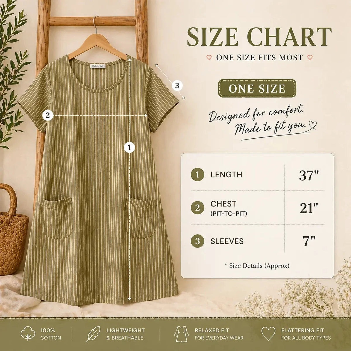 Ladies Italian Lagenlook Lightweight Cotton Stripe Tunic Summer Dress Loose Casual Boho Midi Dress