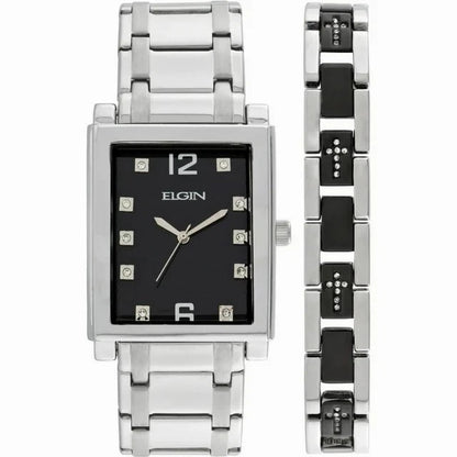 Elgin Men's Silver-Tone Crystal Watch with Black Dial & Cross Bracelet Set | Luxury Quartz Dress Watch Gift Set