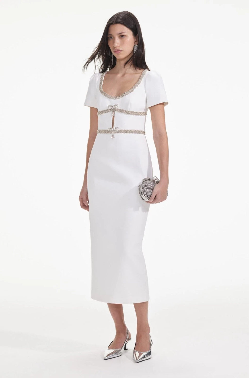 NWT Self-Portrait Diamante Bow Trim Midi Dress US 12 Elegant Designer Party Cocktail Evening Dress