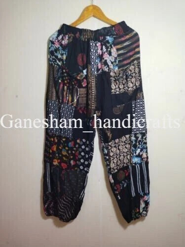 Black Patchwork Harem Pants | Boho Hippie Wide Leg Bohemian Trousers for Men & Women