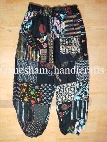 Black Patchwork Harem Pants | Boho Hippie Wide Leg Bohemian Trousers for Men & Women